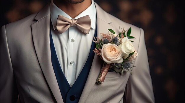 Photo a white tuxedo with a pink bow tie in the style of dark azure and beige