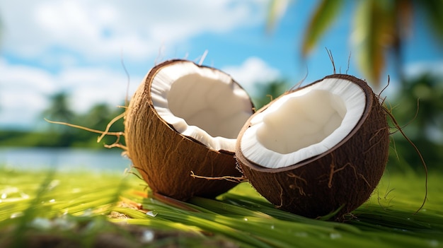 white two slices coconut fruits on beach Generated AI images