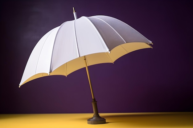 A white umbrella is on a yellow table with a purple background.