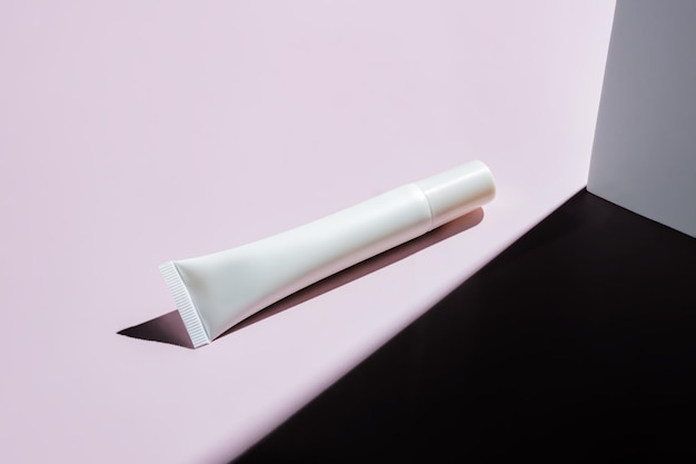 White unbranded plastic tube with eye cream or face serum on pink background with hard shadows Mockup for skin care products