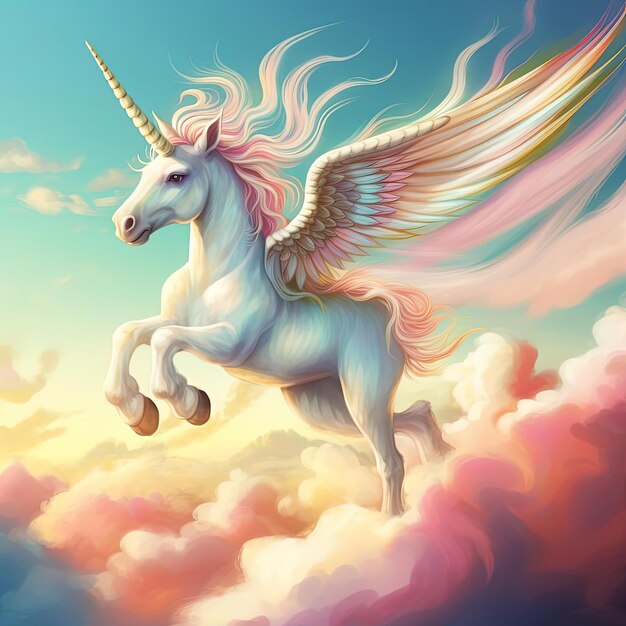 Foto l'unicorno bianco che vola sul cielo con le nuvole nello stile carino e colorato