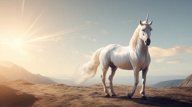 A white unicorn is standing on a hill in the desert.