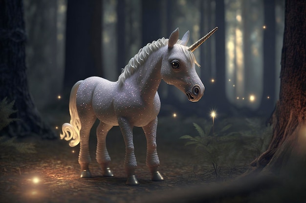 white unicorn in the middle of the forest with sunlight background, creative ai