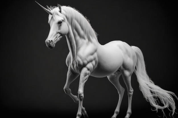 White unicorn in a mythical pose isolated on a dark background with a clipping path