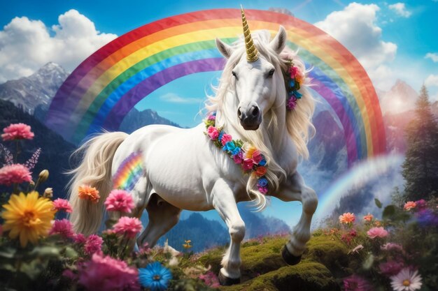 Foto unicorno bianco pegasus pony cavallo in paradisokawaii carina favola dolce sognante arcobaleno pastello chiaro