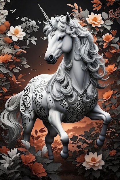 a white unicorn surrounded by flowers