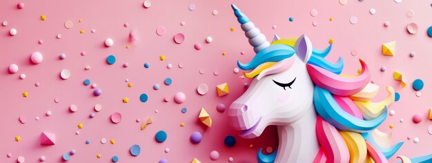 Foto unicorno bianco con criniera colorata su sfondo rosa