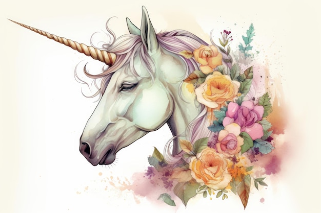 White unicorn with flowers Generative AI