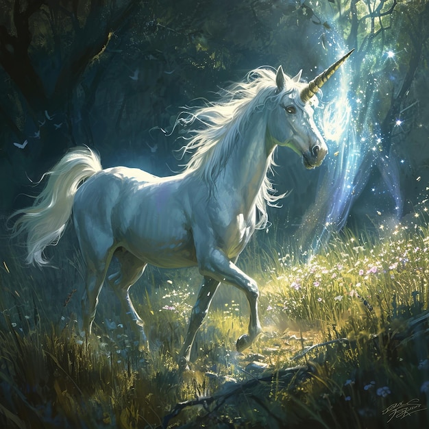White unicorn with glowing horn in a sunlit forest