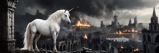 Photo white unicorn with gothic stye buildings in ruins and on fire in background