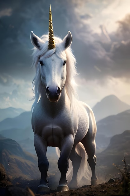 A white unicorn with a mountain background