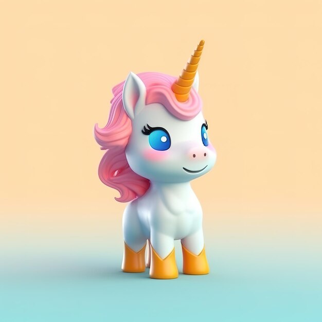 A white unicorn with pink hair and a pink tail stands on a blue and orange background