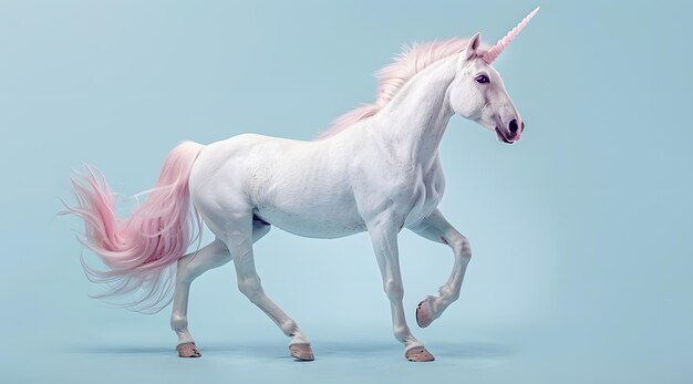 White unicorn with pink mane on a blue background 3d rendering