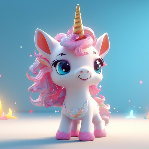 A white unicorn with a pink mane and blue eyes is standing on a blue background.