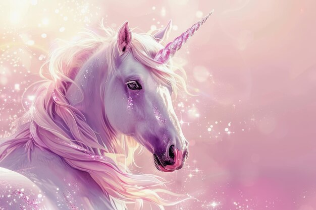 White unicorn with pink mane in field of flowers