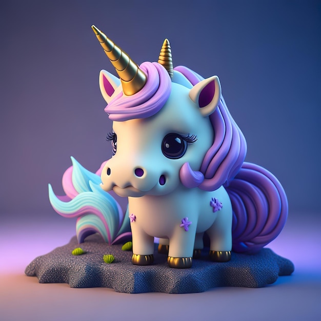 A white unicorn with purple and blue hair and a purple tail stands on a small mound.