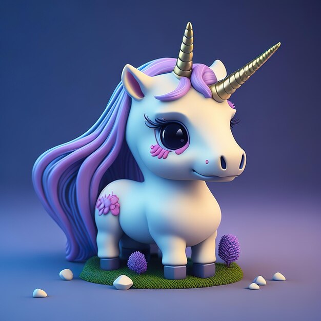 A white unicorn with purple hair and purple hair is standing on a purple background.