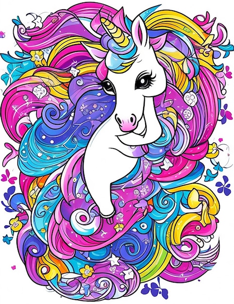 A white unicorn with purple hair