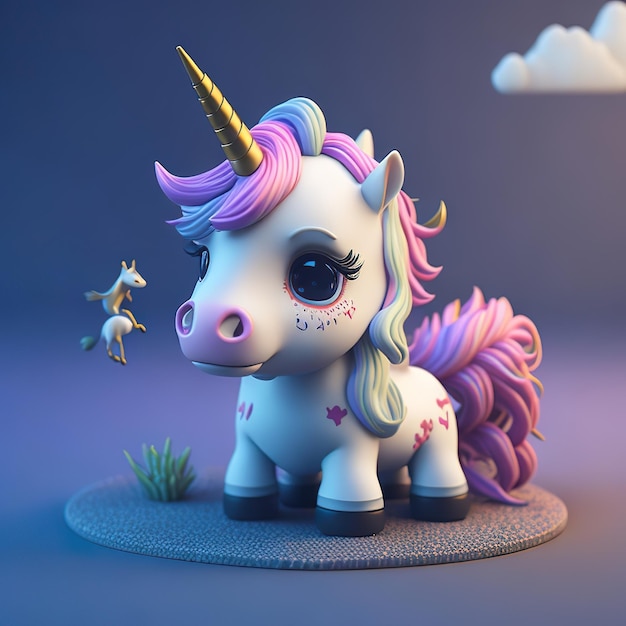 A white unicorn with purple and pink hair and purple tail stands on a patch of grass.