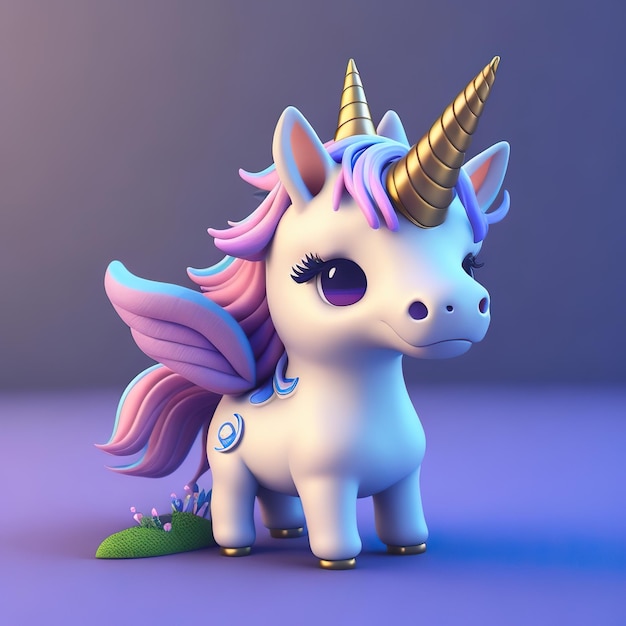 A white unicorn with purple and pink wings and a purple tail.