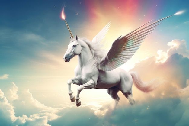 A white unicorn with wings flying over a rainbow AI generated