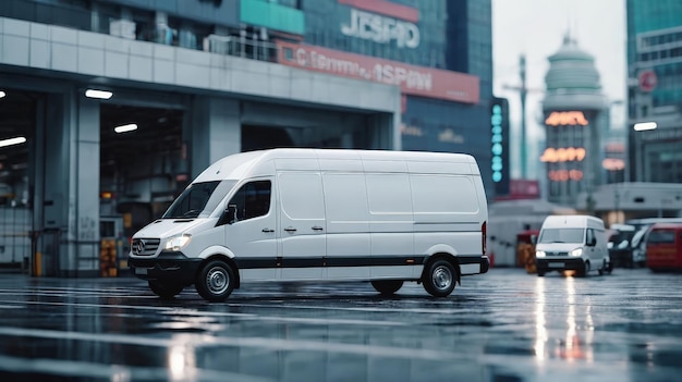 White Van Driving Down Street Next to Tall Buildings