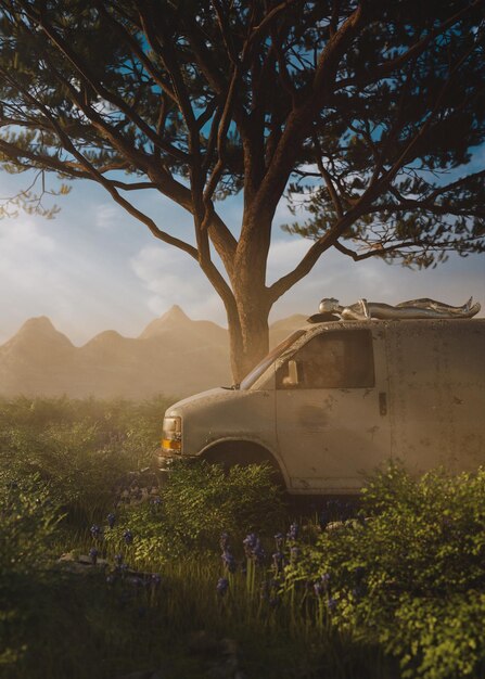 A white van is parked in a field with a tree in the background.