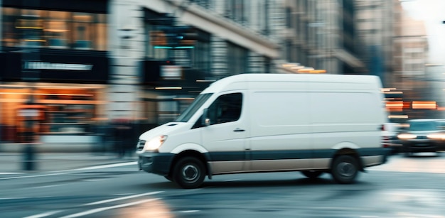 a white van is speeding along a city street