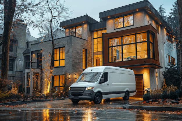 Photo white van parked in front of large house