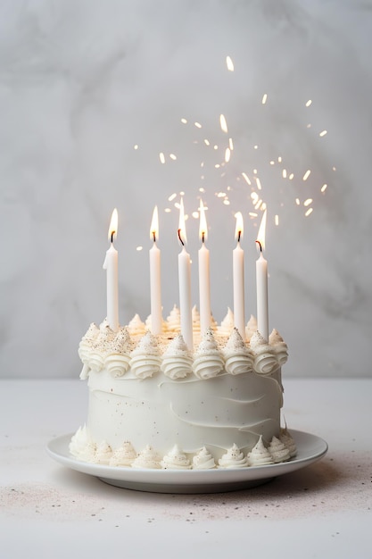 White vanilla birthday drip cake with candles in vertical poster style