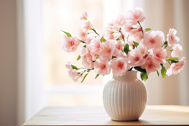 A white vase filled with pink flowers on top of a wooden table AI Generated