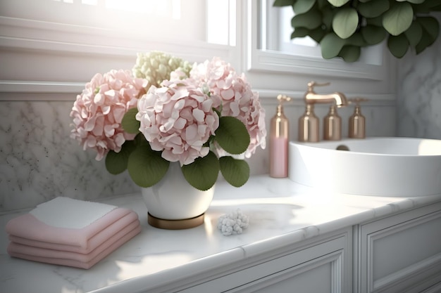 A white vase of flowers sits on a bathroom counter.