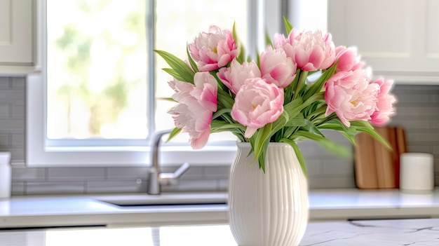 A white vase full of pink flowers is sitting on counter