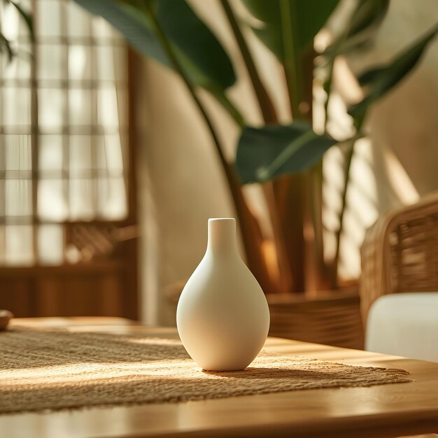 A white vase placed on a woven wooden table