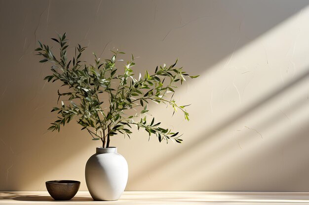 白い花瓶と太陽の照らされた部屋の植物