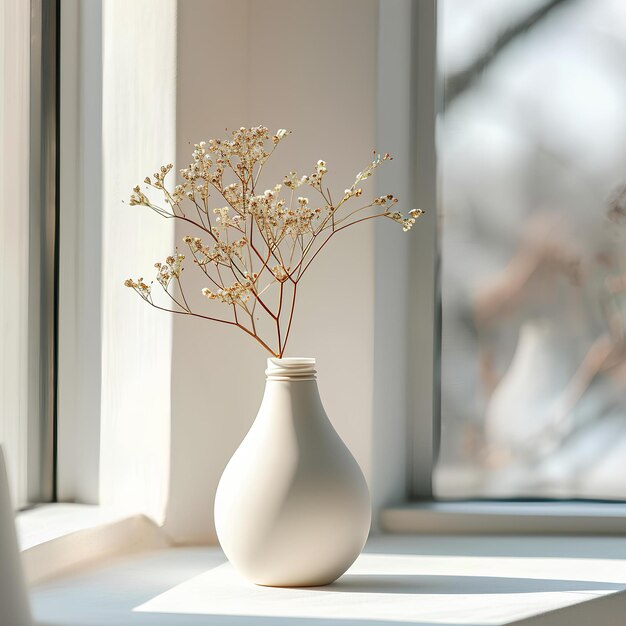 A white vase sits on the window sill