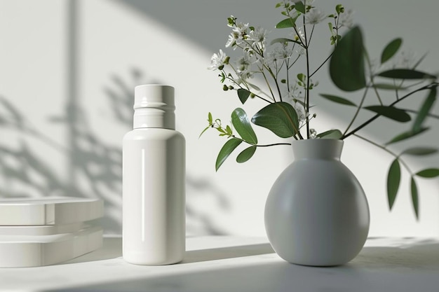 Photo a white vase sitting next to a bottle of lotion