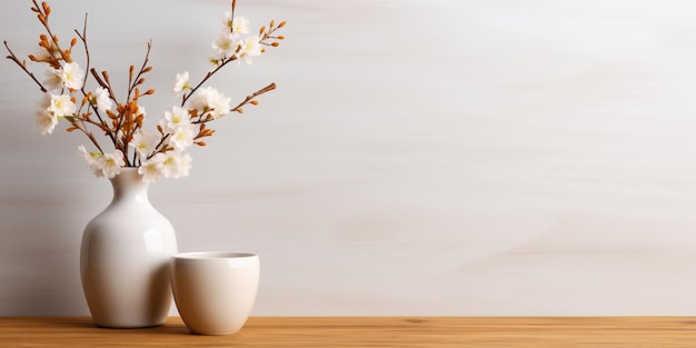 A white vase sitting on top of a wooden table next to a wall