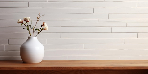 A white vase sitting on top of a wooden table next to a wall