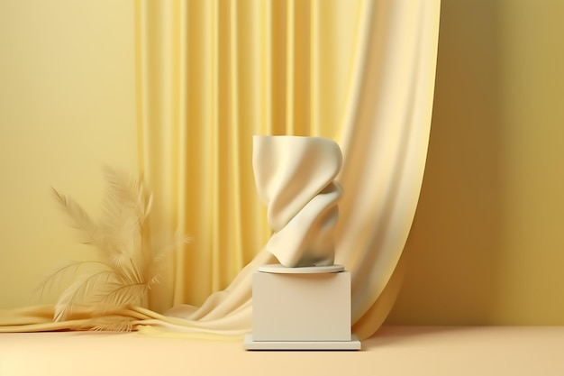 A white vase on a stand with a feather in the background