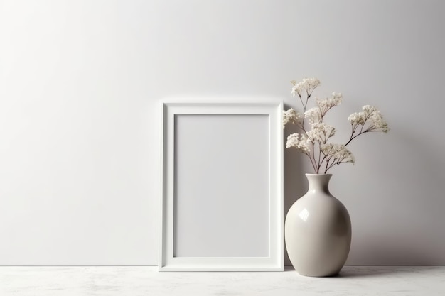 A white vase and a vase with flowers next to it