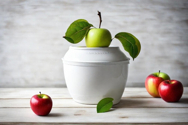 a white vase with apples and a green apple on it