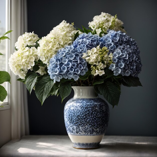 White Vase with Blue Hydrangea