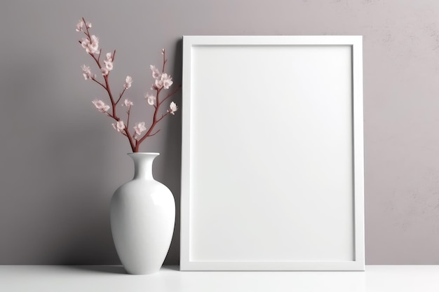 White vase with a branch of cherry on a white table