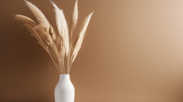 A white vase with a bunch of grass in it and a brown background.