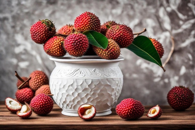 a white vase with a bunch of raspberries in it