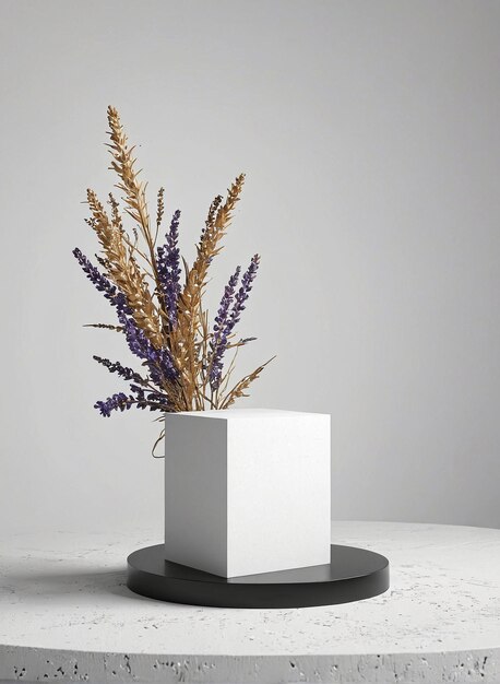 a white vase with dried flowers on a table