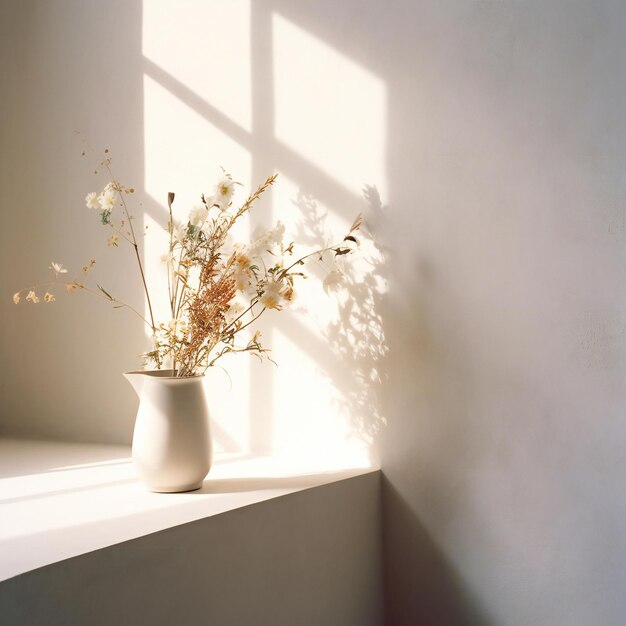 窓際に乾いた花を飾った白い花瓶