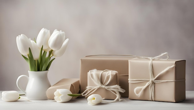 a white vase with flowers and a box of wrapped white tulips