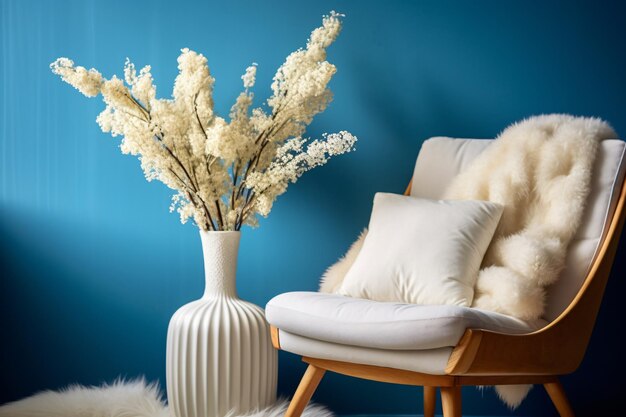 A white vase with flowers in front of a blue wall